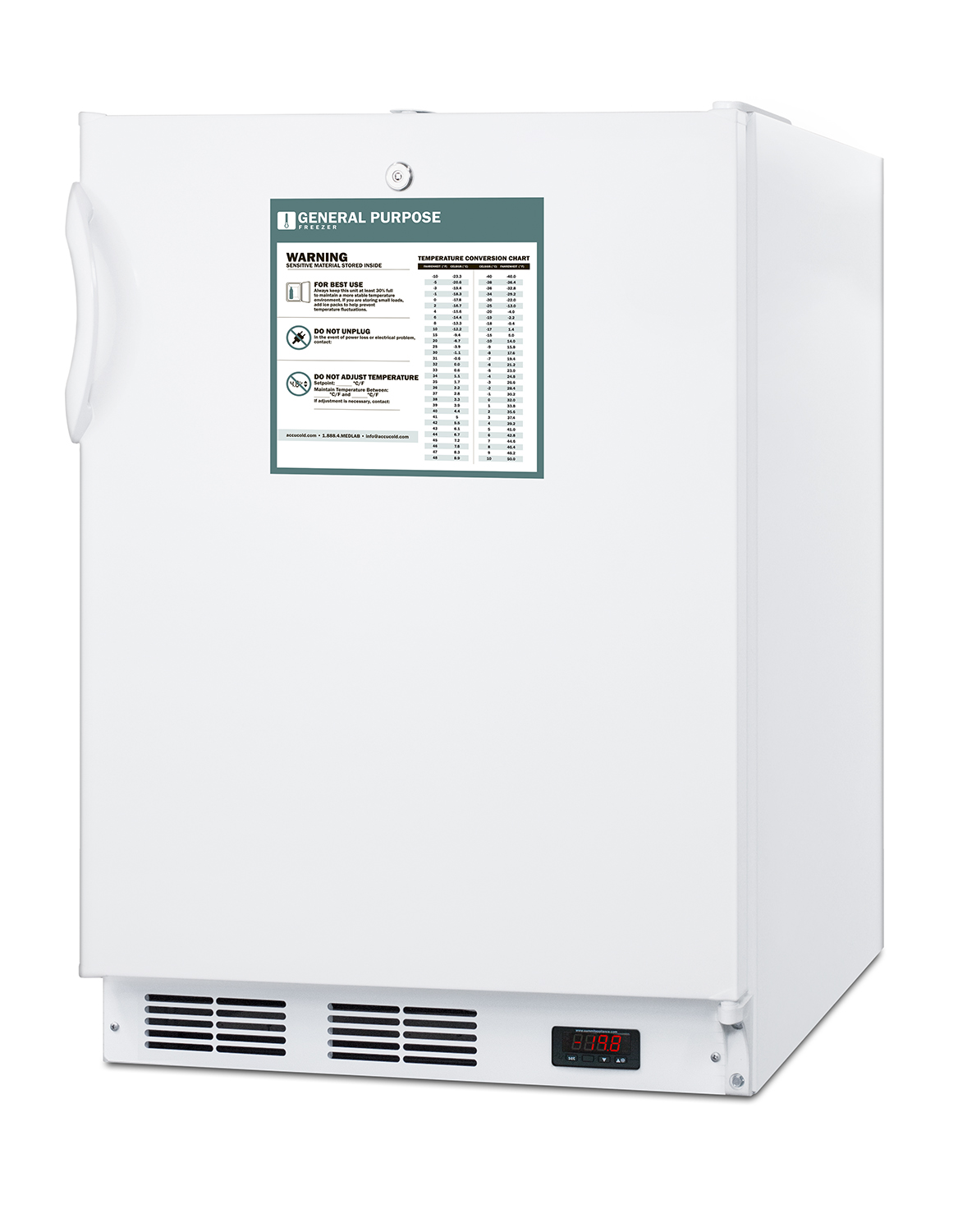 ADA compliant built-in general purpose undercounter medical all-freezer capable of -25 C operation, white with front lock